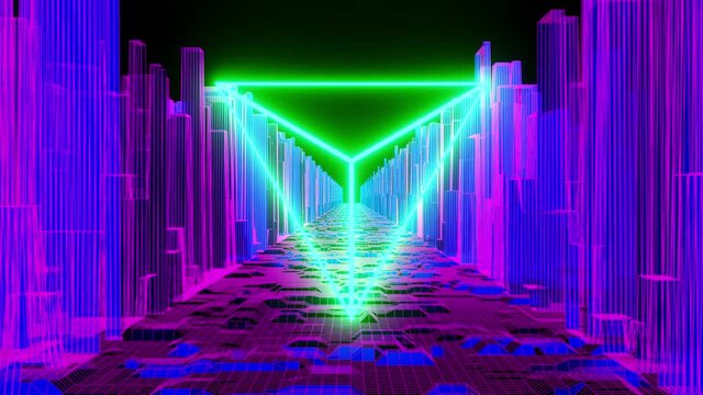4K video animation of sci-fi neon city landscape with neon triangle and bright colorful lights looping motion graphics.