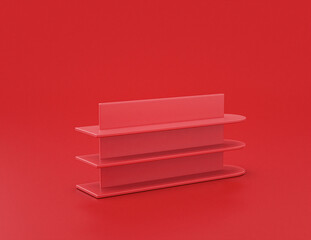 shiny red plastic living room book shelf furniture in red background, flat colors, single color, 3d rendering