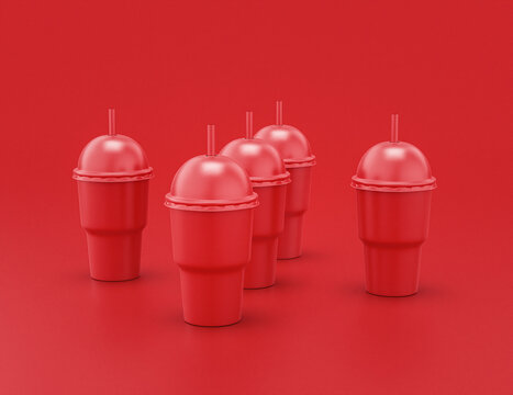 multiple slurpee cups in a row shiny red plastic slurpy caffee containers in red background, flat colors, single color, 3d rendering