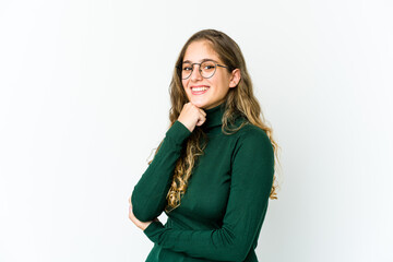 Young caucasian woman smiling happy and confident, touching chin with hand.