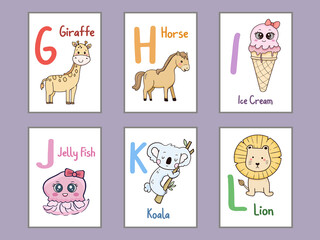 Set of Alphabet flash card design illustration for kids G H I J K L
