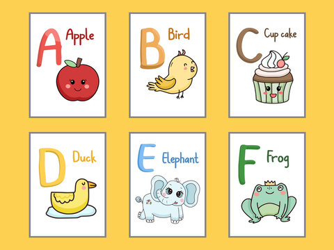 Set of Alphabet flash card design illustration for kids A B C D F