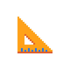 Fototapeta premium Measuring ruler pixel art icon, triangular shape. School equipment and stationery. Isolated on white background vector illustration. 8-bit sprite. Design stickers, logo, app.