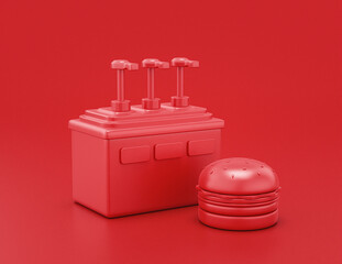 shiny red plastic condiment dispenser in red background, flat colors, single color, 3d rendering