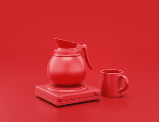 shiny red plastic coffee carafe in red background, flat colors, single color, 3d rendering