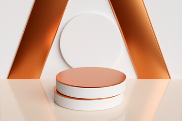 3d illustration of a scene from a circle with round arch at the back on a  bronze background. A close-up of a gold round monocrome pedestal.