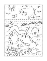 Coloring page with summer vacation scene - flip-flops, yacht, toy bucket at the beach
