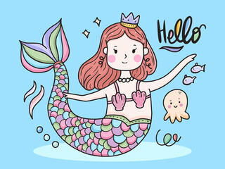 Cute mermaid swimming illustration design for kids vector