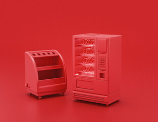 shiny red plastic pastry case and vending machine , pastry cabinet in red background, flat colors, single color, 3d rendering