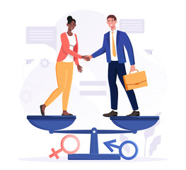 Gender equality concept with business man and woman on scale - obrazy, fototapety, plakaty