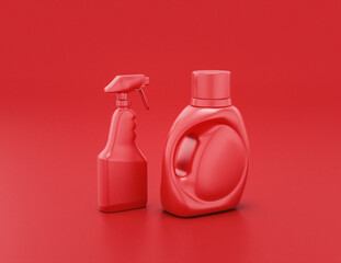 A group of shiny red plastic cleaning supplies containers  in red background, flat colors, single color, 3d rendering