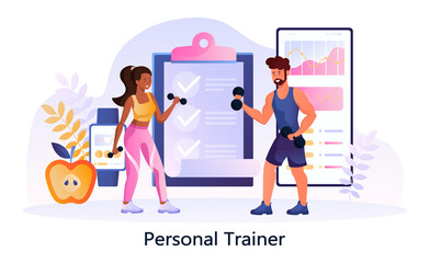 Young woman working out at a gym with a personal trainer