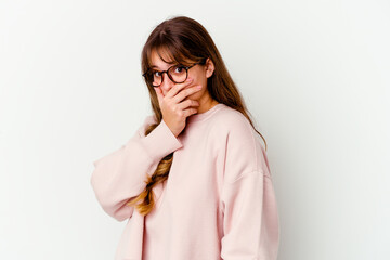 Young caucasian cute woman isolated on white background scared and afraid.