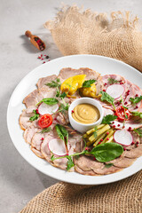 Cold Cut Meat Platter. Rustic style meat appetizers with dip and vegetables. Snack plate on grey table with sack napkin.