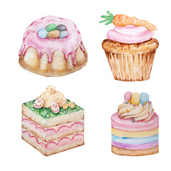 Set of watercolor Easter sweets, pastries