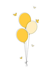 Three yellow balloons with little butterflies in doodle style isolated on a white background.