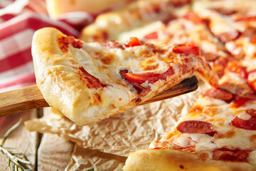 Spicy Sausage Italian Pizza with tomato, mozzarella cheese, sausage slice. Homemade pizza on baking paper with food ingredients on wooden table. Fast food or junk food pizza dinner rustic style.