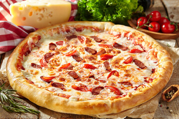 Spicy Sausage Italian Pizza with tomato, mozzarella cheese, sausage slice. Homemade pizza on baking paper with food ingredients on wooden table. Fast food or junk food pizza dinner rustic style.