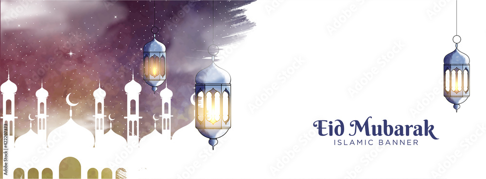 Wall mural eid mubarak islamic background with brush and watercolor style