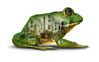 Habitat Pollution Concept and environmental damage or climate change urgency idea as a green frog infected with pollution and toxic chemicals with 3D elements