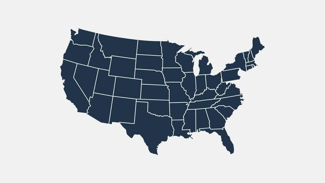 Map of United States of America showing different states. Animated usa contiguous lower 48 u.s. state map on an isolated chroma key background.