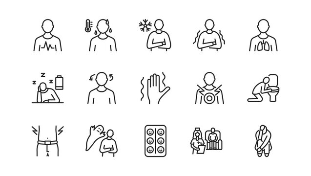 Panic attack symptoms flat line icon set. Vector illustration psychological illness characterized by dizziness, vomiting, heart palpitations, fear of death. Editable strokes
