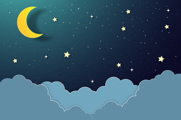 night sky with stars and moon. paper art style.Vector of a crescent moon with stars on a cloudy night sky.
Moon and stars background.Vector EPS 10.