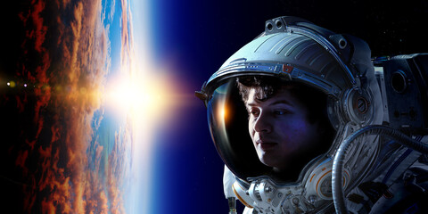 Spaceman and planet, human in space concept