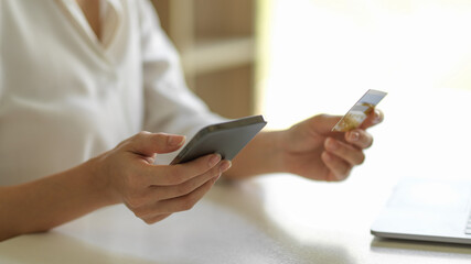 Female hand holding smartphone and credit card while online shopping at home