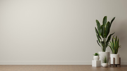 3D rendering, Houseplants, plant pots decorated in living room with white wall background, copy space