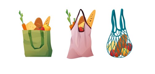 Recyclable eco shopping bags and cotton mesh with food. Shoppers made of  paper, fabric. Zero waste concept.