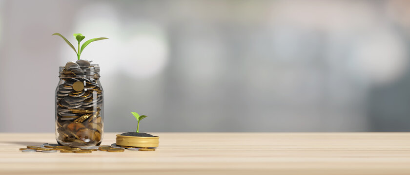 3D Rendering, Investment And Saving Money Concept, A Lot Of Golden Coins In Glass Jar With Growing Plant On Wooden Table With Copy Space In Blurred Background