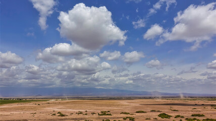 Obraz premium Savannah landscape in dry season. Dusty tornadoes are visible above the ground. In the distance, the silhouettes of the mountains. There are picturesque cumulus clouds in the blue sky. Kenya. Amboseli