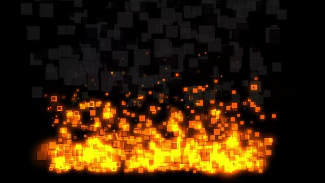 Big Pixel fire with grey smoke burning on black background, 2D pixel style animation.