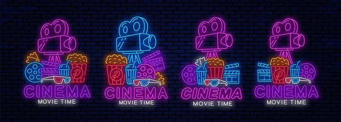 Set of cinema neon logos design. Movie time. Night glowing cinema icons and logos. Neon signboards layout collection.