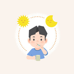 a asian boy cleaning his teeth with toothbrush by brushing teeth with circle and sun and moon, meaning is daily routine daytime and nighttime brushing teeth. illustration vector on white background.