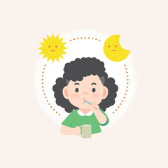 a asian girl cleaning his teeth with toothbrush by brushing teeth with circle and sun and moon, meaning is daily routine daytime and nighttime brushing teeth. illustration vector on white background.