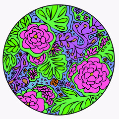 color mandala monogram with pink flower and green leaves and blue water - vector mandala