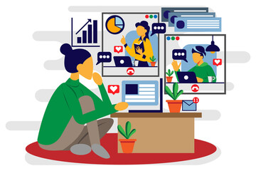 work from home flat illustration for banner video conference sitting with laptop