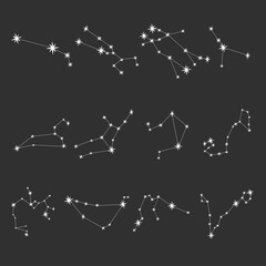 Set with Constellations in vector illustration. Isolated. Aquarius, Capricorn, Sagittarius, Scorpio, Libra, Virgo, Leo, Cancer, Gemini, Taurus, Aries, Pisces. Astrology, destination, fate.