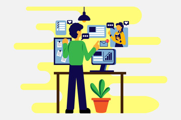 work from home flat illustration for banner video conference sitting with laptop