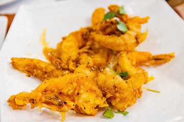 Close up shot of Thai style deep fried shrimp