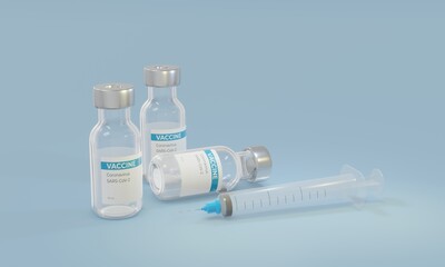 Vials with corona virus vaccine and syringe on light background. Space for text.Vials with corona virus vaccine on light background. Space for text. 3d illustration