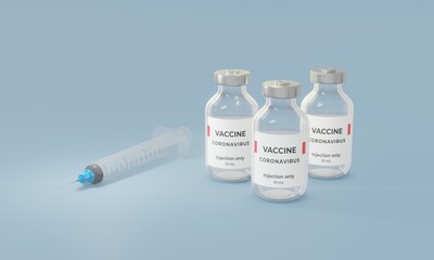 Vials with corona virus vaccine on light background. Space for text. 3d illustration