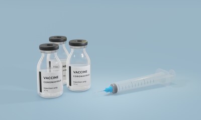 Vials with corona virus vaccine on light background. Space for text. 3d illustration