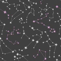 Pattern with Constellations in vector illustration. Isolated. Aquarius, Capricorn, Sagittarius, Scorpio, Libra, Virgo, Leo, Cancer, Gemini, Taurus, Aries, Pisces. Astrology, destination, fate.