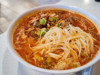 Close up shot of beef rice noodle
