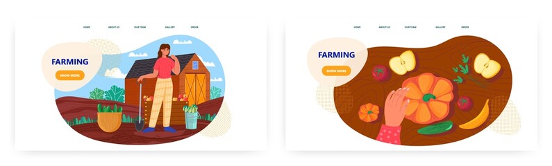 Farming landing page design, website banner vector template set. Female gardener, farmer harvesting fruits, vegetables.