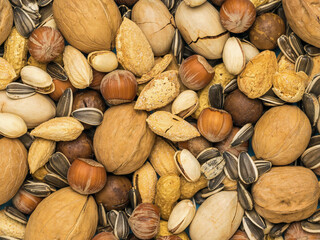 The background is made from a mixture of a large number of unpeeled nuts.
