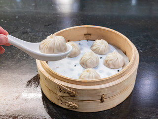 Close up shot of pork soup dumpling